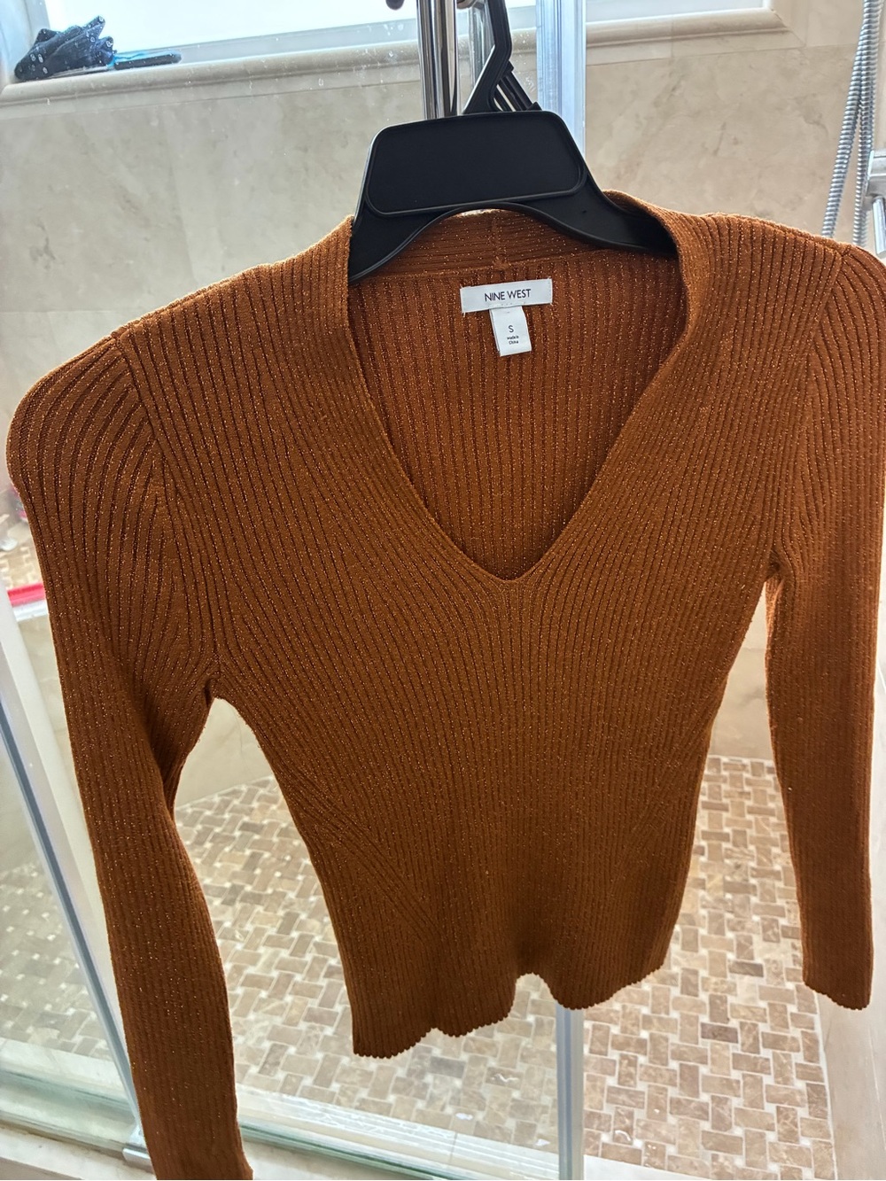 Nine West Women's V-Neck Ribbed Sweater in Copper